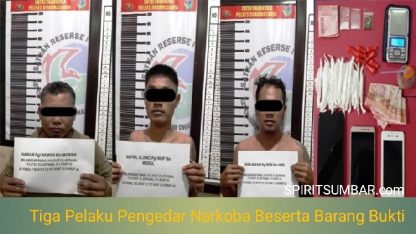 Tiga pelaku pengedar narkoba jenis sabu dan daun ganja yang ditangkap oleh anggota Satresnarkoba Polres Dharmasraya pada Sabtu malam (2/10/2021)