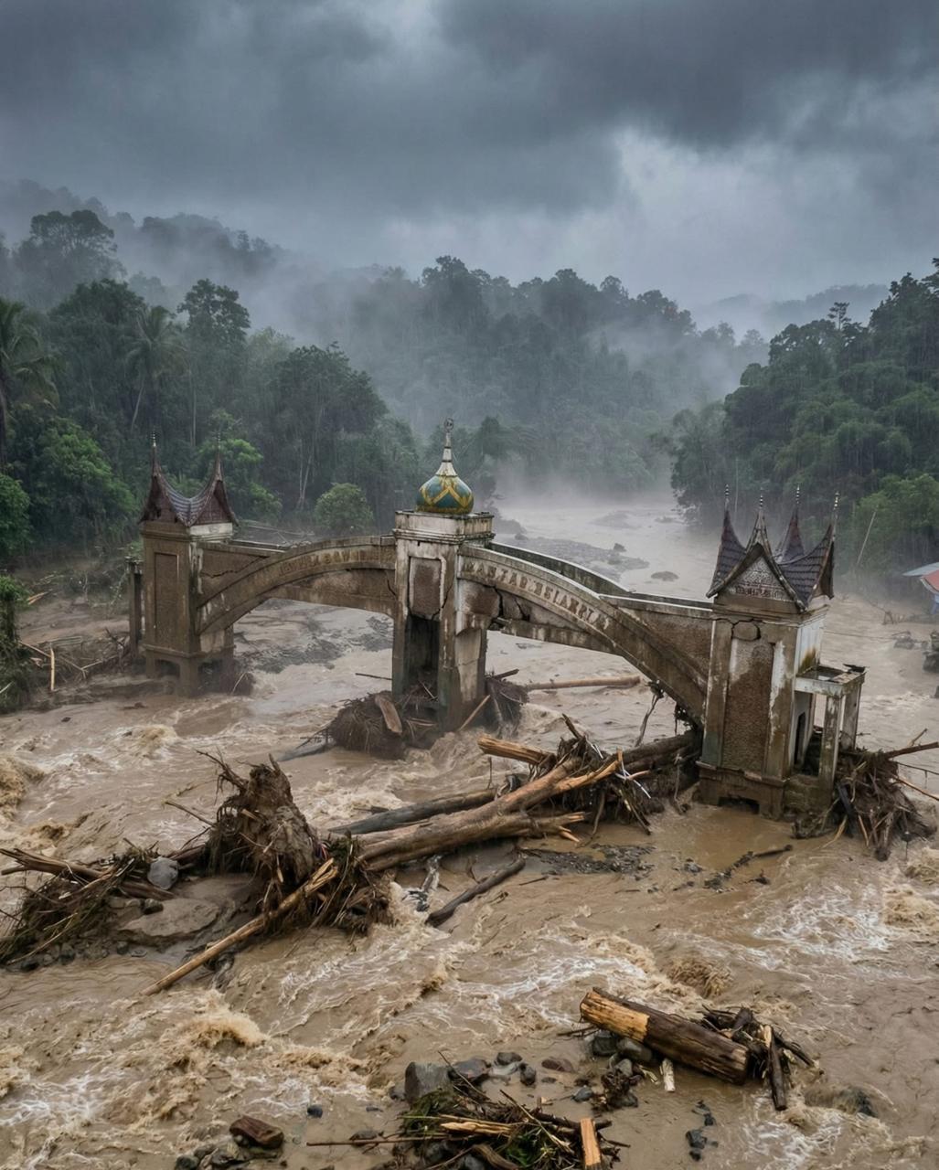 Jembatan Kembar Kota yang dihantam galodo seakan menjadi simbol kedukaan bagi warga Kota Padang Panjang
