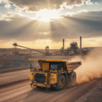 Ilustrasi truk tambang di area pertambangan tembaga dan emas
