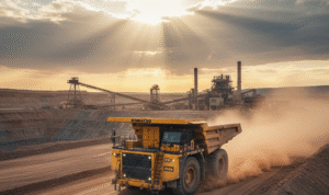 Ilustrasi truk tambang di area pertambangan tembaga dan emas