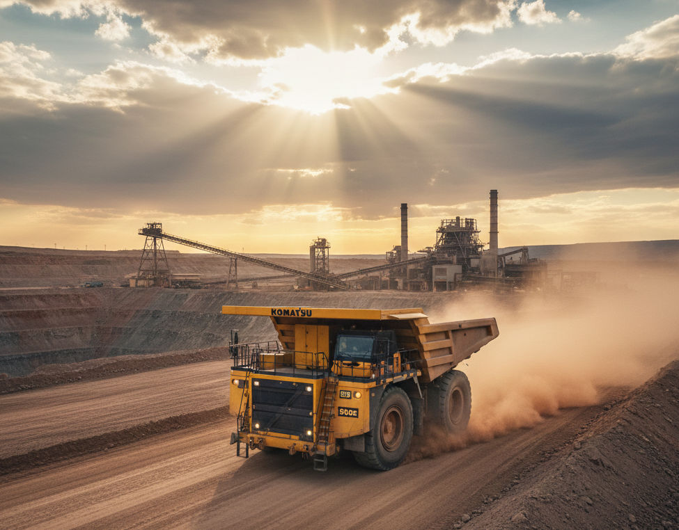 Ilustrasi truk tambang di area pertambangan tembaga dan emas